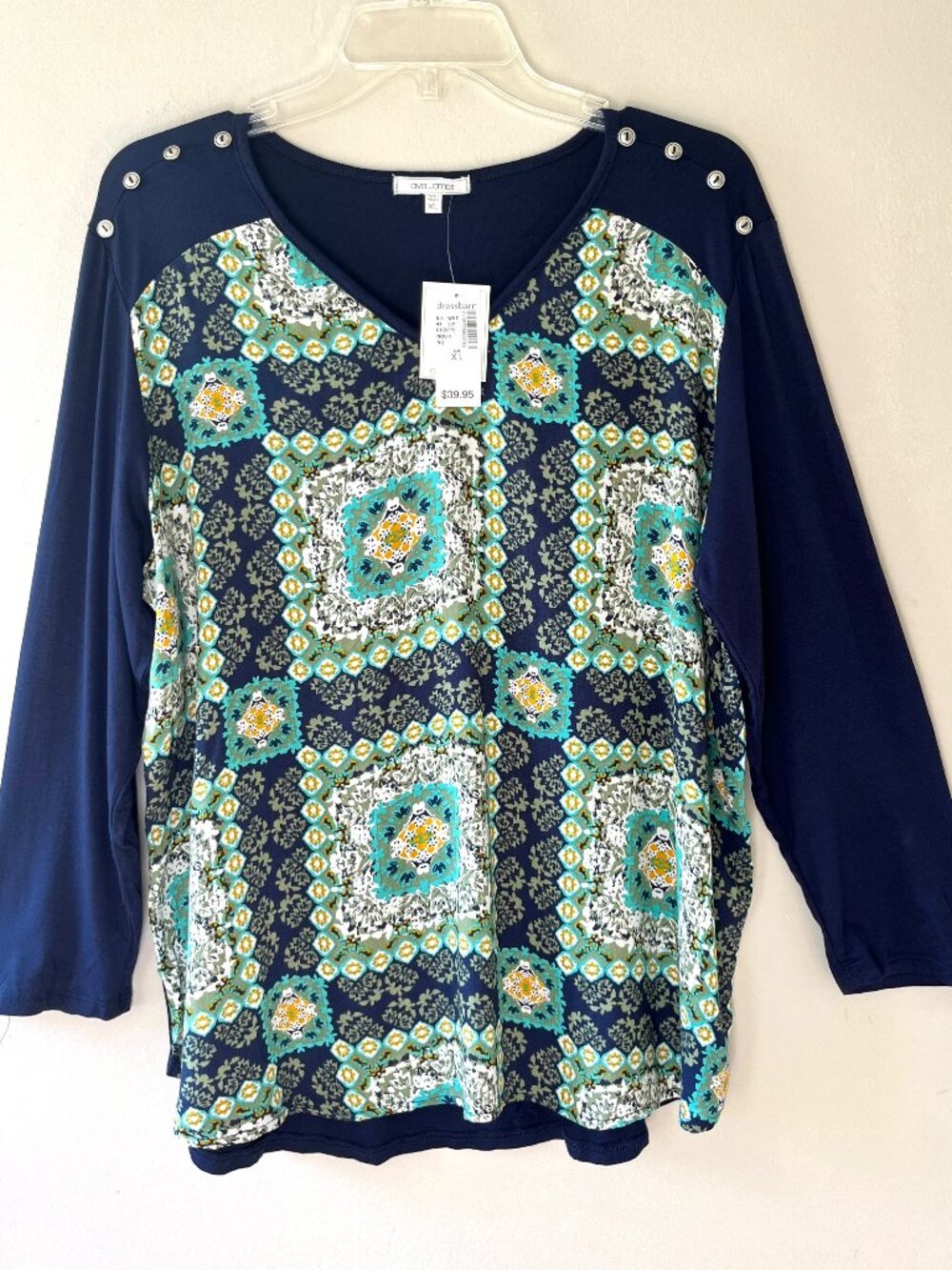 Ava James Sz L V Neck Floral Print Blue Pullover Stretch Blouse Top